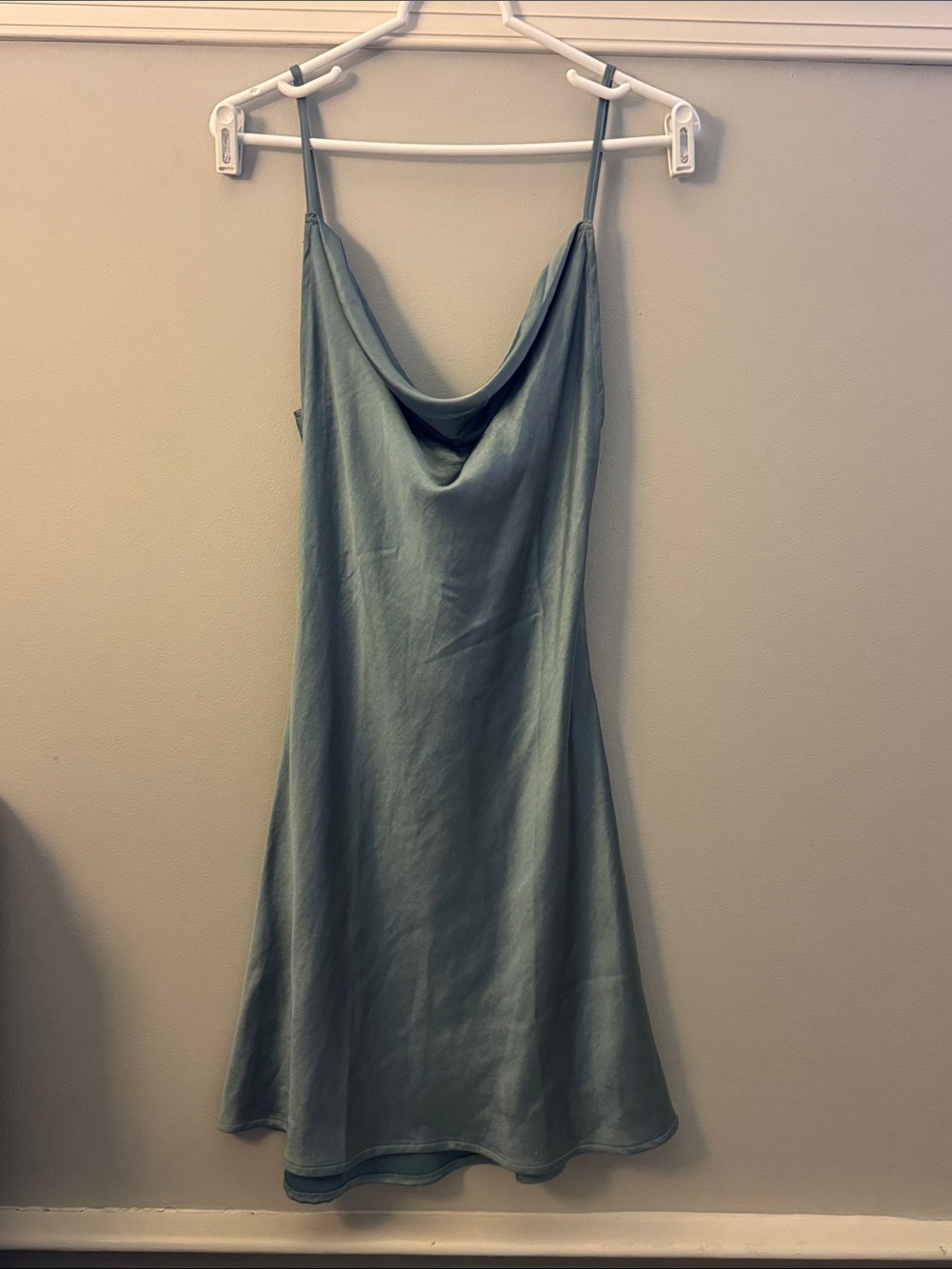 Motel Rocks Sage Green Satin Cowl Mini Slip Dress